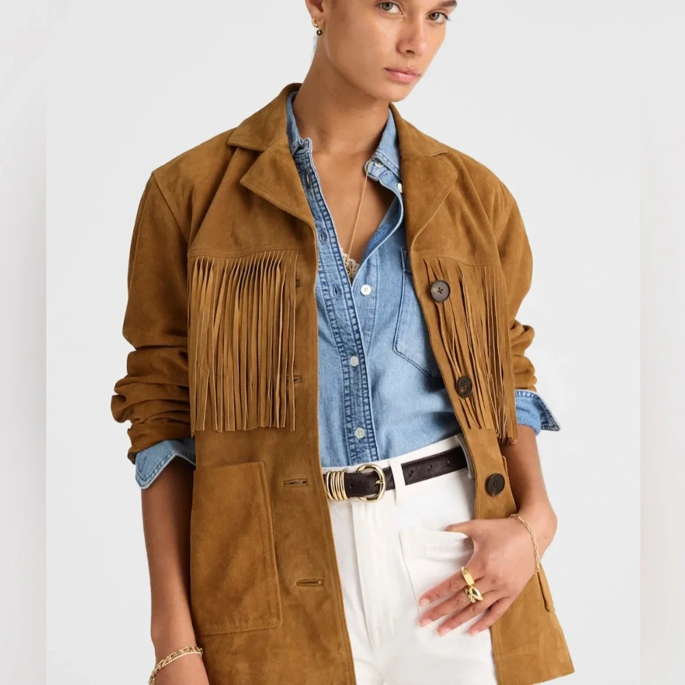Madewell Fringe Shirt Jacket in Suede New With Tags Small Coastal Cowgirl - Picture 7 of 15